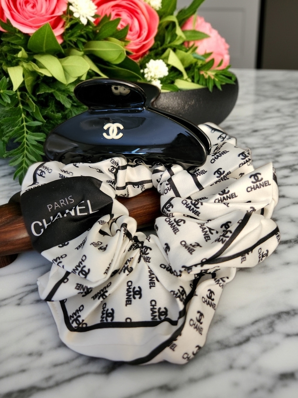 CHANEL Black Hair 4" Claw with White Logo-Print Scrunchie Set